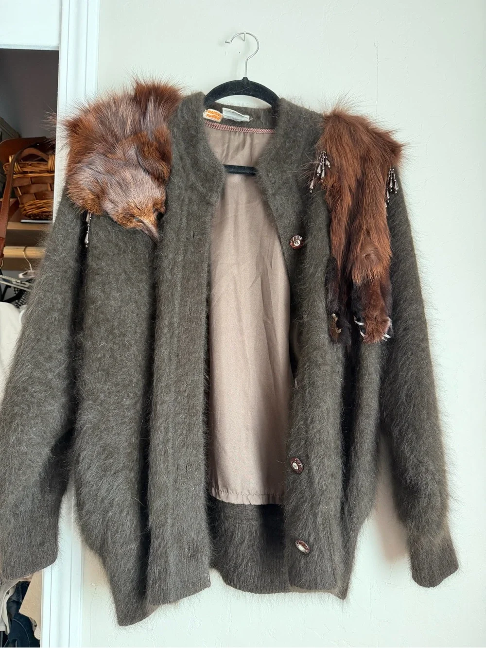 Vintage 1950s/60s Trapeze Junior Angora Wool Knit Jacket Beaded Fur Trim M/L